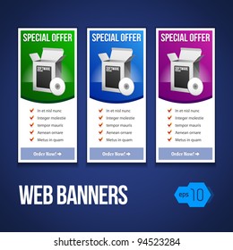 Special Offer Banner Set Vector Colored 13: Blue, Purple, Violet, Green. Showing Products Purchase Button