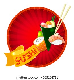 Special offer banner for sushi bar. Banner has temaki with shrimp, avocado and salmon. Sushi philadelphia. Sushi with shrimp and cream cheese. Sushi banner ideal for discounts, gift, sticker or logo.