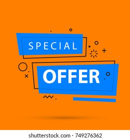 Special offer banner template in colorful memphis style on bright orange background