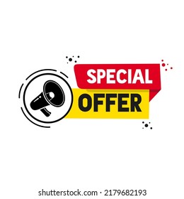 Special offer banner template. Discount shape with megaphone. Flat style vector illustration isolated on white background.