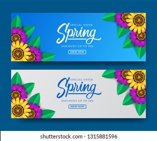 Special offer banner template of spring season with flower blossom group with blue and white background