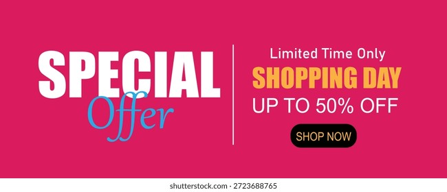 Special Offer Banner Vector Template design on pink Background, Special Offer Limited Time Sale upto 50% discount, social media and websites.
