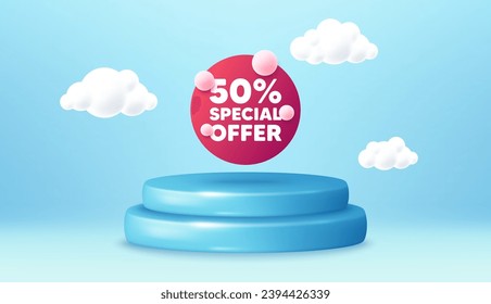 Special offer banner. Winner podium 3d base. Product offer pedestal. Discount sticker with bubbles. Gift coupon icon. Special offer promotion message. Background with 3d clouds. Vector