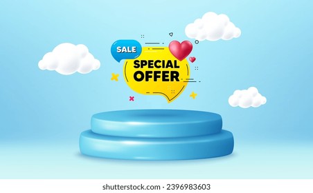 Cartel de oferta especial. Base 3d del podio ganador. Oferta de productos peatonal. Descuento pegatinas con corazón. Icono de cupón de regalo. Mensaje de promoción de oferta especial. Fondo con nubes 3d. Vector