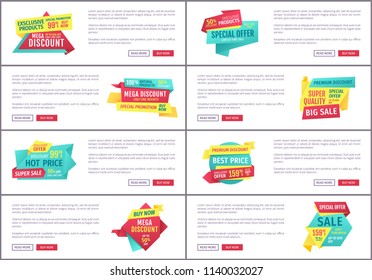 Special offer banners set, vector design icons. Hot price, mega sale, premium discount, best choice, exclusive products, limited time promotion poster with text