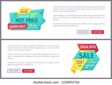 Special offer banners set, vector design icons. Hot price, super sale, exclusive discount, buy now button, one day promotion, online poster sample