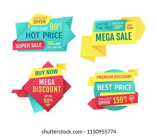 Special offer banners set, vector advertising. Discounts and promotions just month, premium quality, exclusive products only one day. Buy now touting title for super sale in limited time poster