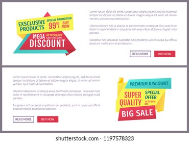 Special offer banners set, vector design. Big sale, super quality, mega and premium discount, exclusive products, buy now button, one day promotion