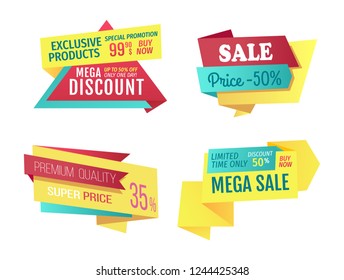 Special offer banners set, vector design icons. Mega sale and discount, premium quality, exclusive products, super price, limited time only promotion