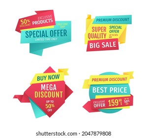 Special offer banners set, vector advertising. Discounts and promotions just month, premium quality, exclusive products only one day. Buy now touting title for super sale in limited time poster