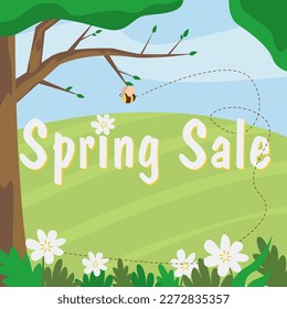 Special offer. Bee flying near trees and flowers in meadow and text Spring Sale. Illustration