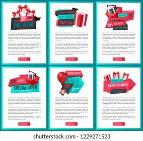 Special offer, best choice, premium discount web pages vector. Reduction of price, basket with presents, only one day sale. Sellout and clearance