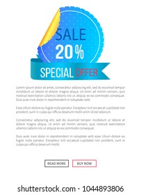 Special offer best price 19.99 30% discount label on poster with place for text and web buttons read more and buy now vector illustration promo banner