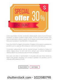 Special offer best price 30% discount label on poster with place for text and web buttons read more and buy now vector illustration promo banner