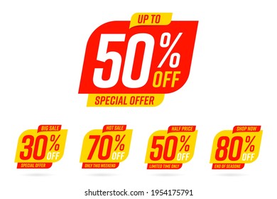 Special offer, big hot sale, half price, shop now promo tag. Only this weekend, limited time only up to 50, 30, 70, 80 percent off special offer for end of season vector illustration isolated on white