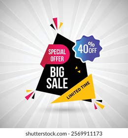 Special Offer Big Sale 40% off Limited Time Abstract Banner Design Vector Illustration. Special Offer Big sale Poster Or Limited Time Tag For Web Media And Market. Super Sale creative Gradient banner.