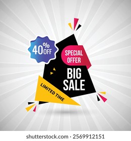 Special Offer Big Sale 40% off Limited Time Abstract Banner Design Vector Illustration. Special Offer Big sale Poster Or Limited Time Tag For Web Media And Market. Super Sale creative Black banner.