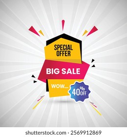 Special Offer Big Sale 40% off Abstract Banner Design Vector Illustration. Special Offer Big sale Poster Or Discount Tag For Web Media And Market. Super Sale creative Black and gradients banner.