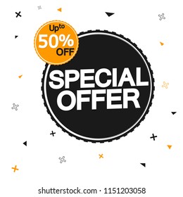 Special offer, big sale banner design template, discount tag, up to 50% off, vector illustration
