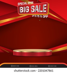 special offer big sale banner social media template post with blank space 3d podium for product with abstract gradient red background design