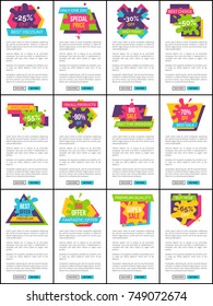 Special offer with big sale promotional Internet posters set with colorful paint blots and sample text isolated vector illustrations set.