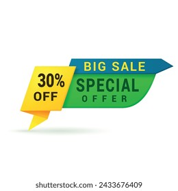 Special offer big sale shopping logo geometric arrow badge design template realistic vector illustration. Store shop discount clearance price off cost reduction buying goods money savings emblem