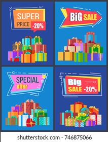 Special offer big sale super price -20% off discounts promo advertisement posters with gift boxes in festive wrapping paper vector illustrations set
