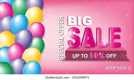 Special offer BIG sale of web banner with up to 50% discount. 3D inscription, balloons and confetti on a pink background. Vector illustration.