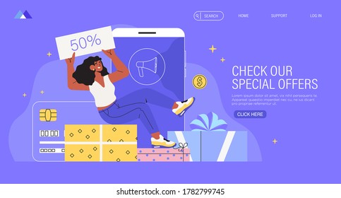 Special offer or big seasonal sale, discounts concept for banner, flyer, web or landing page. Woman shop online and buy presents or gifts through mobile application. Girl hold discount coupon.