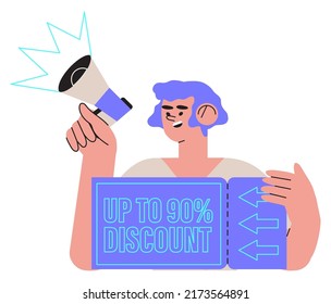 Special offer or big seasonal sale, discounts vector character illustration concept for banner, flyer, web or landing page. Woman hold discount coupon or gift voucher and speak in loud speaker.