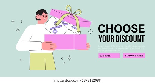 Special offer or big seasonal sale, discounts concept for banner, flyer, web or landing page. Man shop online and receive personal discount coupon. Character hold gift box with surprise from store.