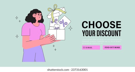 Special offer or big seasonal sale, discounts concept for banner, flyer, web or landing page. Woman shop online and receive personal discount coupon. Character hold gift box with surprise from store.