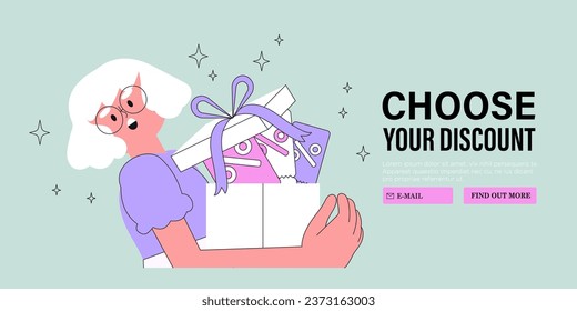 Special offer or big seasonal sale, discounts concept for banner, flyer, web or landing page. Woman shop online and receive personal discount coupon. Character hold gift box with surprise from store.