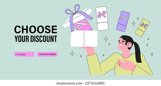 Oferta especial o gran venta estacional, concepto de descuentos para banner, volante, web o página de aterrizaje. Las mujeres compran en línea y reciben cupón de descuento personal. Caja de regalo de retención de caracteres con sorpresa de la tienda.