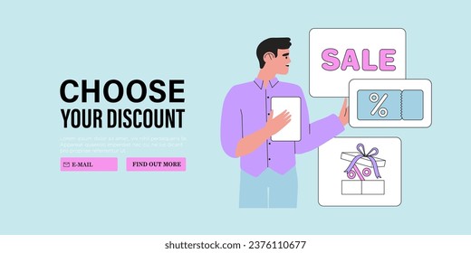 Special offer or big seasonal sale, discounts concept for banner, flyer, web or landing page. Man shop online and receive personal discount coupon. Character hold gift box with surprise from store.