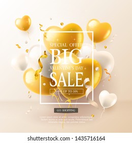 "Special Offer Big Valentine's Day Sale" banner with colorful air balloons and streamers. Realistic vector design for use as shopping concept, sale banner, grand opening, party flyer