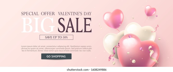 "Special Offer Big Valentine's Day Sale" banner with colorful air balloons and streamers. Realistic vector design for use as shopping concept, sale banner, grand opening, party flyer