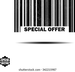 Special offer - black barcode grunge rubber stamp design isolated on white background. Vintage texture. Vector illustration