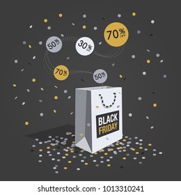 Special offer black friday discount symbol with white shopping bag, flying labels and confetti isolated on dark background. Easy to use for your design with transparent shadows.