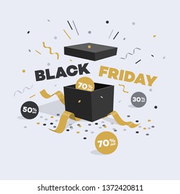 Special offer black friday discount symbol with open gift, discount labels and confetti. Easy to use for your design with transparent shadows.