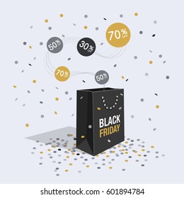 Special offer black friday discount symbol with shopping bag and flow labels isolated on light grey background. Easy to use for your design with transparent shadows.