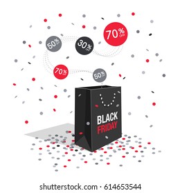 Special offer black friday discount symbol with shopping bag and flow labels isolated on light blue background. Easy to use for your design with transparent shadows.