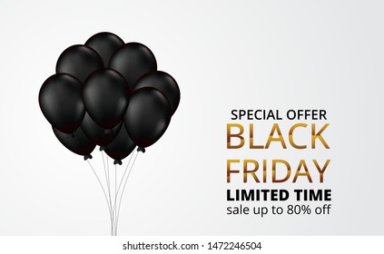 Special offer black friday sale with illustration 3D flying helium gas balloon for banner poster template