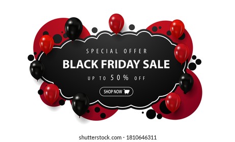 Special offer, Black Friday Sale, up to 50% off, black discount banner in graffiti style with red and black balloons isolated on white background