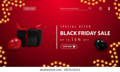 Special offer, Black Friday Sale, up to 50% off, red discount banner with black present, red and black balloons and button. Discount banner for home page of website