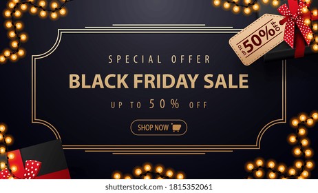 Special offer, Black Friday Sale, blue discount banner with present box with price tag with offer, vintage golden line frame, button and garland frame, top view.