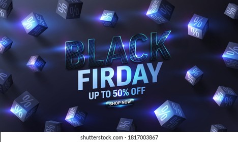 Special offer Black friday Sale Poster with 3d black cubes of percents on dark background for Retail,Shopping or Promotion in black style.Vector illustration EPS10