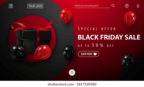 Special offer, Black Friday Sale, red discount banner with large circles on background, present box, red and black balloons and offer with button