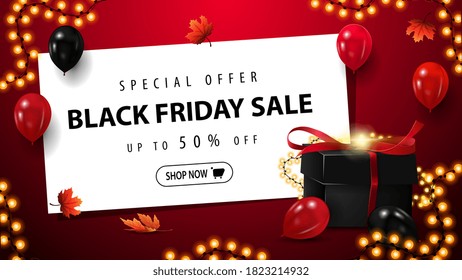 Special offer, Black Friday Sale, up to 50% off, red discount banner with black present to black friday, white sheet with offer, button and garland frame