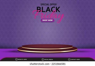 special offer black friday sale discount template banner with blank space 3d podium for product sale with abstract gradient purple background design